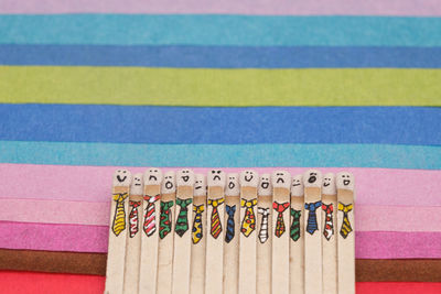 High angle view of multi colored pencils on table