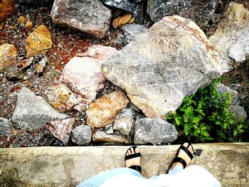 Low section of man standing on rock at beach