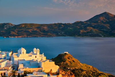 View of plaka village on milos island on sunset in greece