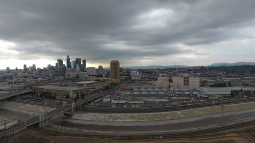 High angle view of buildings against sky