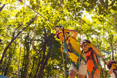 Low angle view of kids doing sports activity in forest