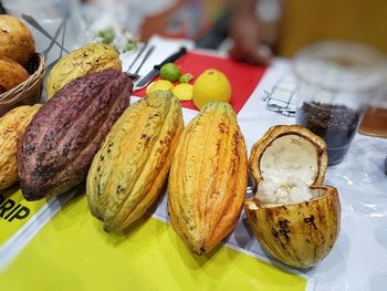 High angle view of cocoa fruits on table