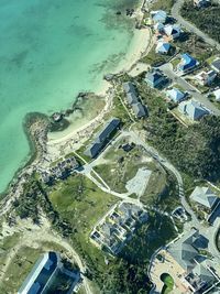 High angle view of buildings on field