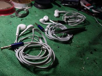 High angle view of bicycles on table