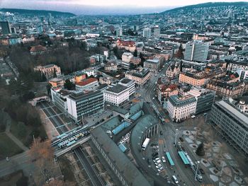 High angle view of street amidst buildings in city