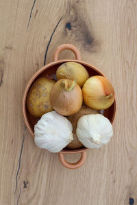 High angle view of fruits in bowl on table