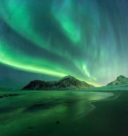 Scenic view of snowcapped mountains against sky at night