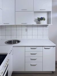 A modern, white kitchen with flower decoration in a home with dark floors