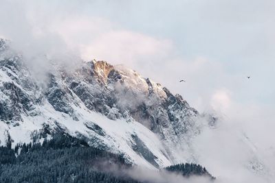 Low angle view of snowy mountain against sky during winter