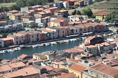 High angle view of buildings and a river in city