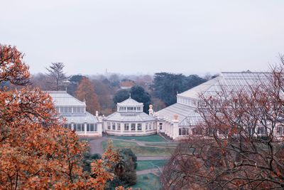 Trees and buildings against sky during autumn