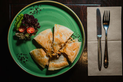 High angle view of food in plate on table