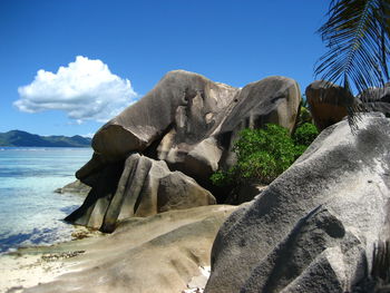 Rock formation on beach against sky