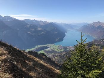 High angle view of mountains against sky