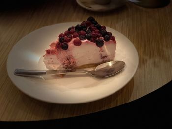 High angle view of cake in plate on table