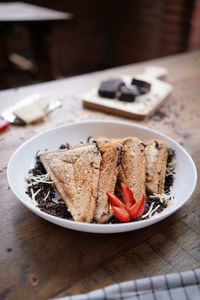 Close-up of dessert in plate on table