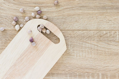 High angle view of stone on table