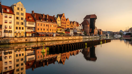 Reflection of buildings in river against sky during sunset