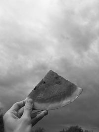 Close-up of person holding hand against sky