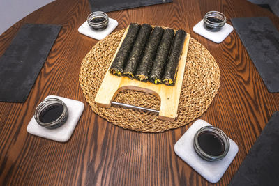 High angle view of breakfast on table