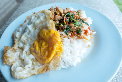 High angle view of breakfast served on table