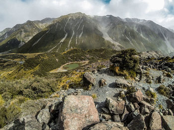 Scenic view of mountain range against sky