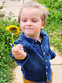 Portrait of cute boy standing by flowering plants