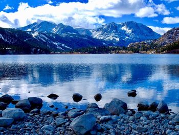 Scenic view of lake and snowcapped mountains against sky