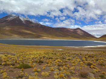 Scenic view of mountains against cloudy sky