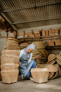 Full frame shot of wicker baskets