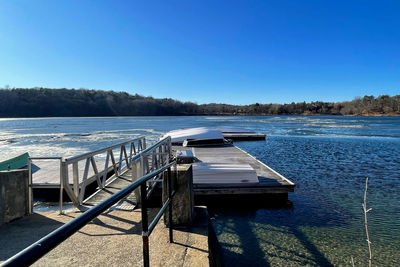 Scenic view of lake against clear blue sky