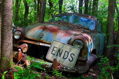 Old abandoned car in forest