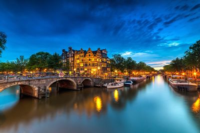 Bridge over river in city at night