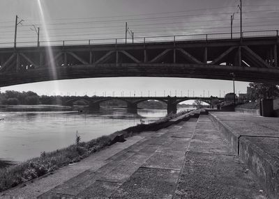 Bridge over river in city against sky