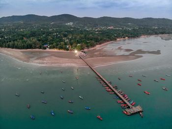 Fish pier and fishing boat , jetty , aerial photos