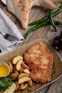 High angle view of meal served on table