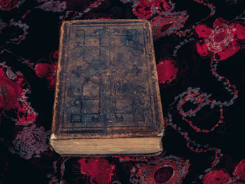 High angle view of old book on table