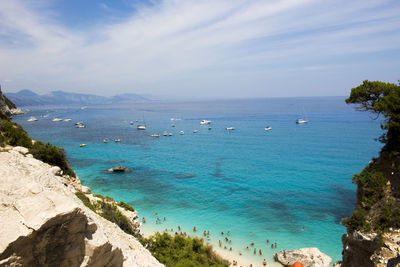 High angle view of sea against blue sky