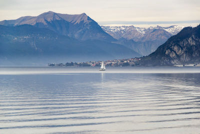 Scenic view of lake and mountains against sky