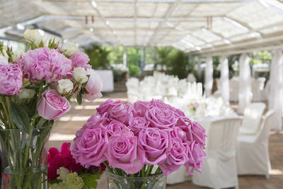 Close-up of pink flowers at wedding reception