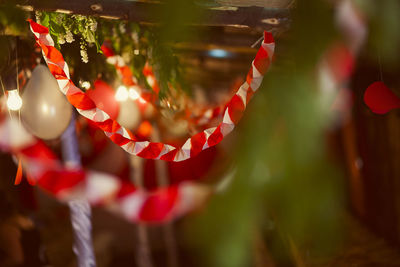 Close-up of christmas decorations hanging at night