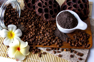 High angle view of coffee beans on table
