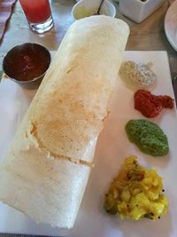 High angle view of food in plate on table