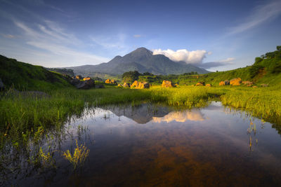 Scenic view of lake and mountains against sky