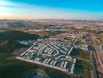 High angle view of city buildings