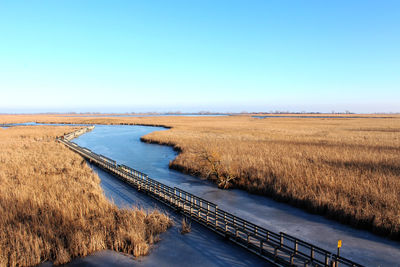 Scenic view of sea against clear blue sky