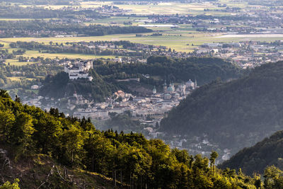 High angle view of trees on landscape against sky