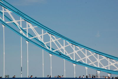 People on tower bridge against clear blue sky