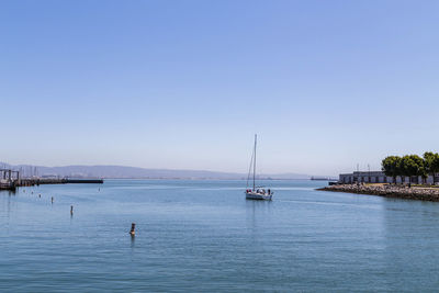 Sailboats in sea against clear blue sky