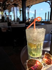 Close-up of beer in glass on table